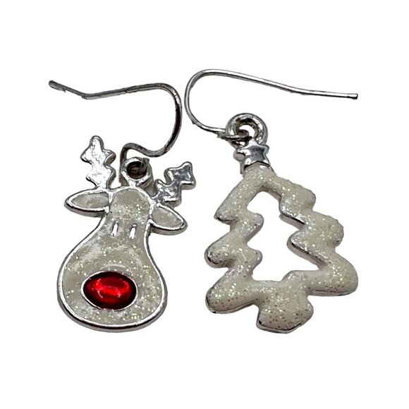 Earrings Women Christmas Holiday Reindeer & Tree Earrings Dangle Silver Tone - Picture 1 of 8
